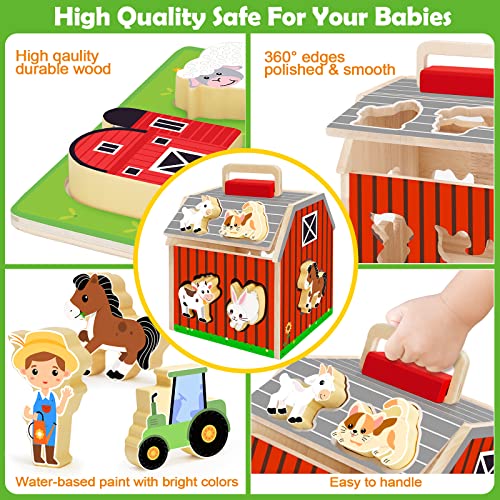Wooden Farm Animals Toy for Kids, TakeAlong Sorting & Stacking Barn
