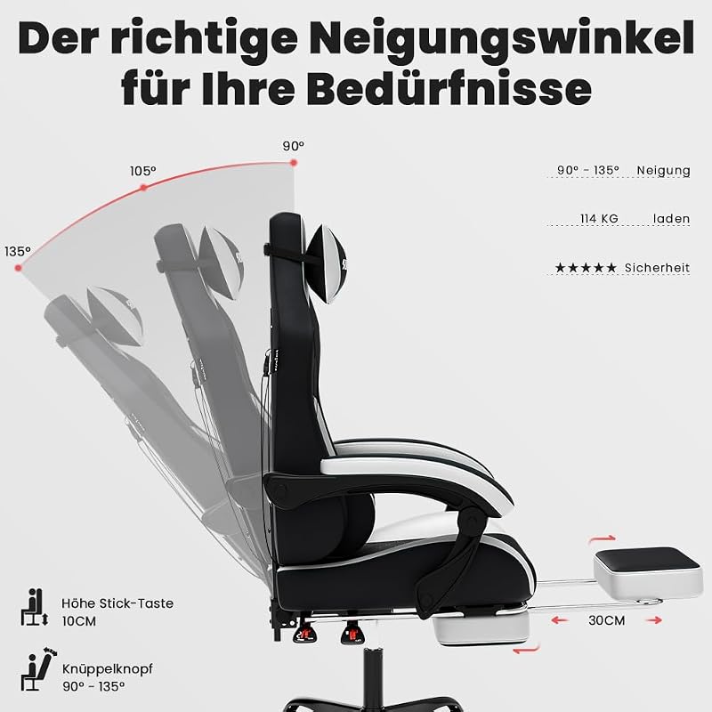 Gaming Stuhl, Ergonomischer Gaming-Stuhl mit Fußstütze, Racing Gaming Chair Kopfstütze Verstellbarer Computerstuhl Höhenverstellbar Lendenwirbelstütze für Homeoffice und Gaming Schwarz — Foto 4 von 8