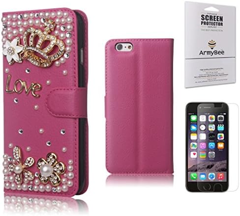 iPhone 6 Plus Case,Luxury 3D Bling Wallet Leather Purse Cover Case For iPhone 6 Plus (5.5 Inch) Bling Glitter Love Diamond Hot Pink Diamond Gold Crown with Flowers &amp; Pearl Design For Girls &amp; Women (Fits:Apple iPhone 6 Plus[5.5] only, Package Included: 1 X HD Screen Protector Film) ARMYBEE(TM)