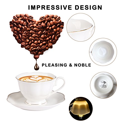 Ceramic Coffee Tea Cup and Saucer Set - 7OZ Cup Set Golden Leaves Edge New Bone China Coffee Cup Set of 4 for Mocha Latte Cappuccino - Thumbnail 2