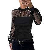 Ninimour Women‘s Pearls Decor Long Sleeve Blouse Mesh Spliced Textured Shirt Going Out Top