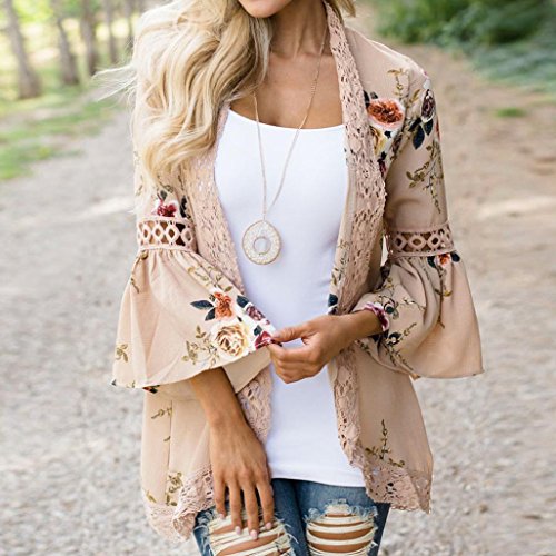 Yang-Yi Clearance, Women Lace Floral Open Cape Casual Cardigan Loose Blouse Kimono Cardigan Beach Dress (Khaki, US M)