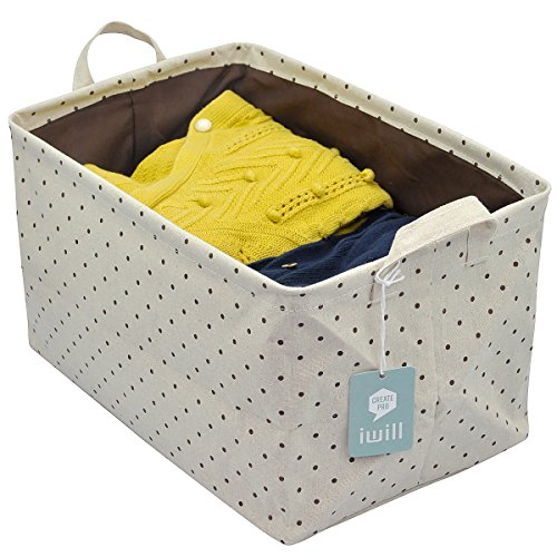 Drawstring Closure for Dust-proof, Storage Box with Handles, Best Storage Container for Clothes/books/ Cosmetics Organization on the Table or in Closet, Khaki Dot