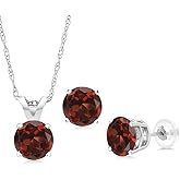 Gem Stone King 14K White Gold Red Garnet Pendant Earrings Jewelry Set For Women | 1.65 Cttw | Gemstone January Birthstone | Round 5MM | with 18 Inch Chain