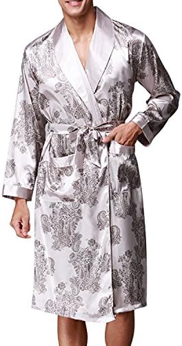 Katesid Mens Long Satin Lounge Print Bathrobe Charmeuse Sleepwear With Pockets