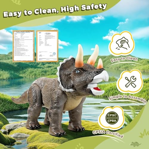 Dinosaur Ride On Toy Car for Kids - Triceratops with Roar Sound & Light Up Horns, Safe Pull String & Comfortable Seat, Indoor Outdoor Walking Trainer, Ideal Birthday Christmas Gift for Toddlers