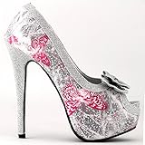 Show Story Silver Butterfly Print Bow Platform High Heel Stiletto Pumps,LF80814