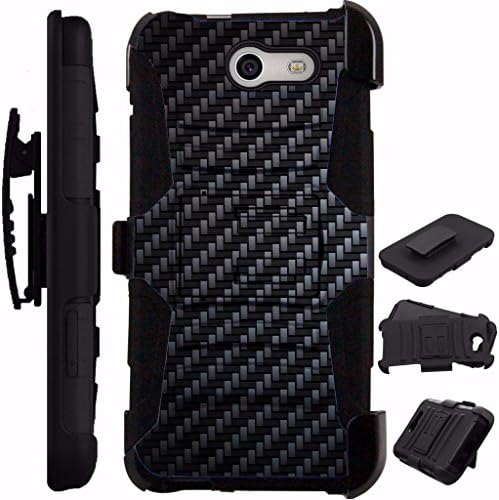 For Samsung Galaxy J7 (2018) / Samsung Galaxy J7 Crown / Samsung Galaxy J7 Prime 2 Case Armor Hybrid Phone Cover Kick Stand LuxGuard Holster (Black Carbon Fiber Print)