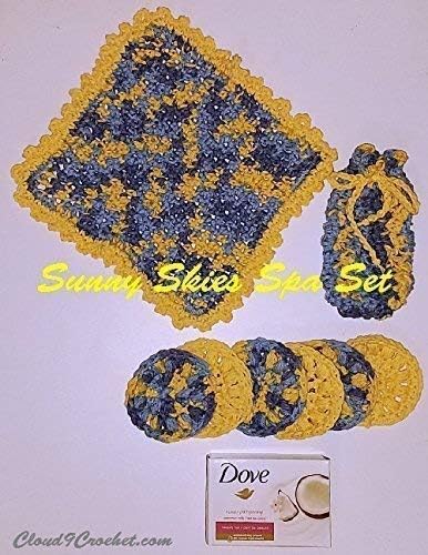Deluxe Spa Sets with Dove Beauty Bar. Hand crocheted spa/bath set. Set includes washcloth or nubbie washcloth, soap saver, and reusable facial scrubbies.