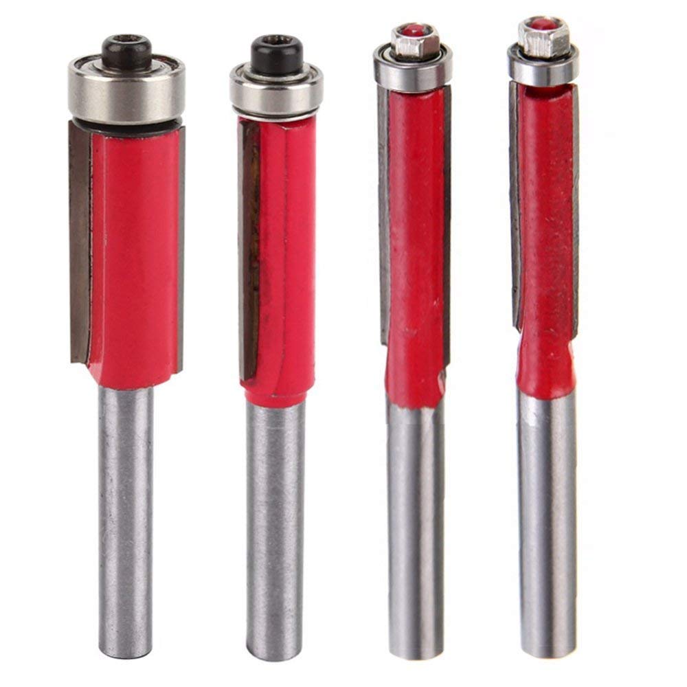 Gasea 4pcs 1/4" Shank Flush Trim Bits Set Top End Bearing Router Bit Set, 1/4" 5/16" 3/8" 1/2" Cutting Diameter Milling Bits for Woodworking Tool
