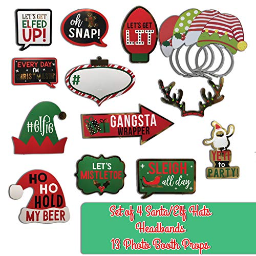 Christmas Party Favors Kit – Set of 4 Santa/Elf Hats Headbands – 13 Photo Booth Props – FREE Party Checklist and Shopping List – Throw The Best Christmas Party – Holiday Novelties – Holiday Party Activities – Party Games For Families and Friends