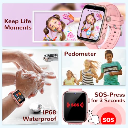 AIMIUVEI 4G Children's Smart Watch with Calls, Video Calls, Voice Chat, WiFi, GPS, SOS, SMS, Waterproof IP68, School Mode and Pedometer, Children's Smartwatch with HD Screen of 1.83 inches, Pink
