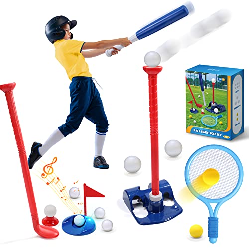 EagleStone 3 in 1 T Ball & Golf & Tennis Baseball Sets for Toddlers, Adjustable Tball Set for Kids 3-5, Golf Set with E-Practice Hole,Outdoor Indoor Game Toys w/ 11 Balls for Boys Girls