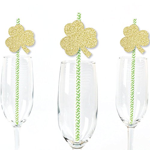 Big Dot of Happiness Gold Glitter Shamrocks Party Straws - No-Mess Real Gold Glitter Cut-Outs & Decorative St. Patrick's Day Party Paper Straws - Set of 25