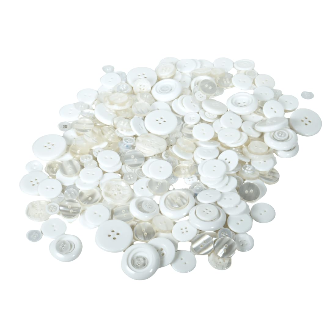 Trimz Assorted Shapes & Sizes Buttons, 250g – White Craft Buttons Mix for Sewing, Scrapbooking, DIY Crafts & Decorative Projec