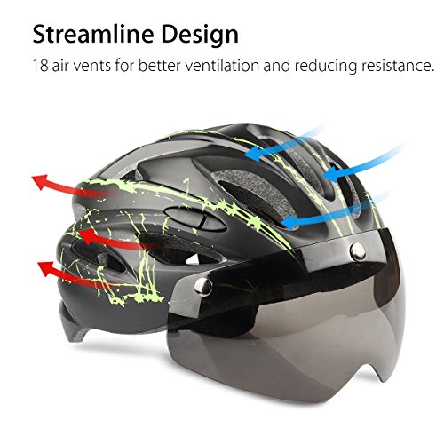 Ranger5 Cycling Helmet with Visor, Adult Bike Helmets with Removable Magnetic Shield, Detachable Liner & Dust Resistant Cover, Lightweight, Adjustable Size for Road Cycling, Outdoor - Black & Green