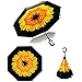 Double Layer Wind-Proof, UV Proof Reverse Folding Inverted Umbrella Travel Umbrella with 'C' Shape Handle and Carrying Bag, Sunflower