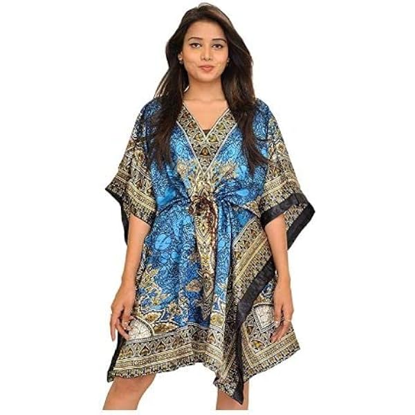 Phagun Women's Blue Floral & Skull Print Kaftan Dress - Beach Cover Up Or Loungewear, 38" Length - View #6