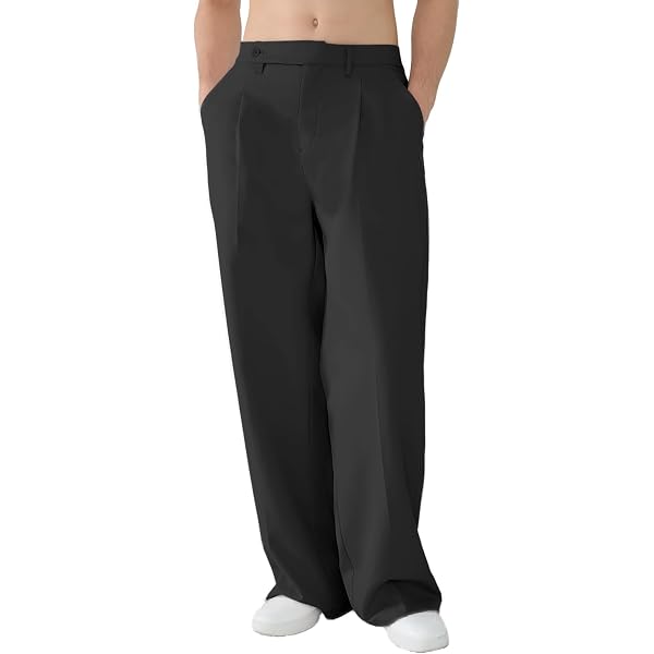 knee length dresses for ladies Black Wide Leg Dress Pants Pleated Baggy Dress Trousers Unhemmed Unfin   MensUSA