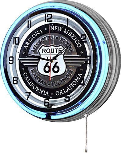 18" Blue Double Neon Wall Clock, Route 66 States US 66 Will Rogers Highway (METAL)