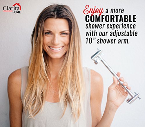 Adjustable Shower Arm Extension 10" Long - Stainless Steel Chrome Finish - The Only Arm Designed With a GEAR JOINT That Won't Slip! Our Long Shower Extender Pipe Can Hold A Rainfall Shower Head System - Thumbnail 4