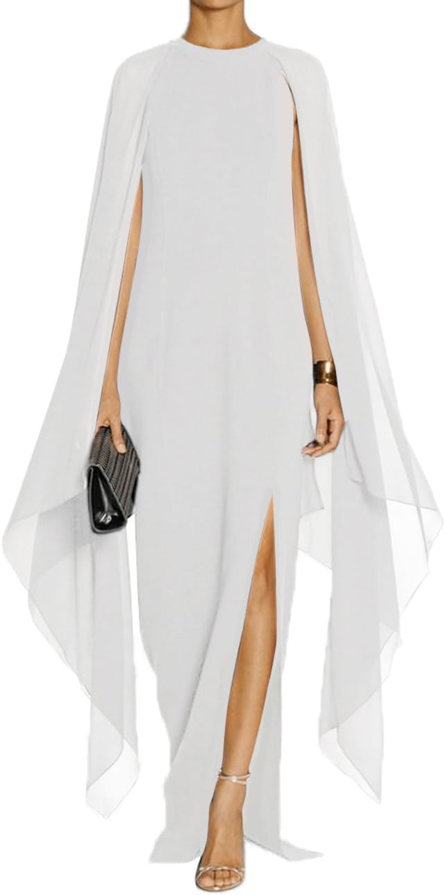Maketina Women's Flare Chiffon Sleeve High Split Formal Evening Gown Maxi Dress with Cape White L