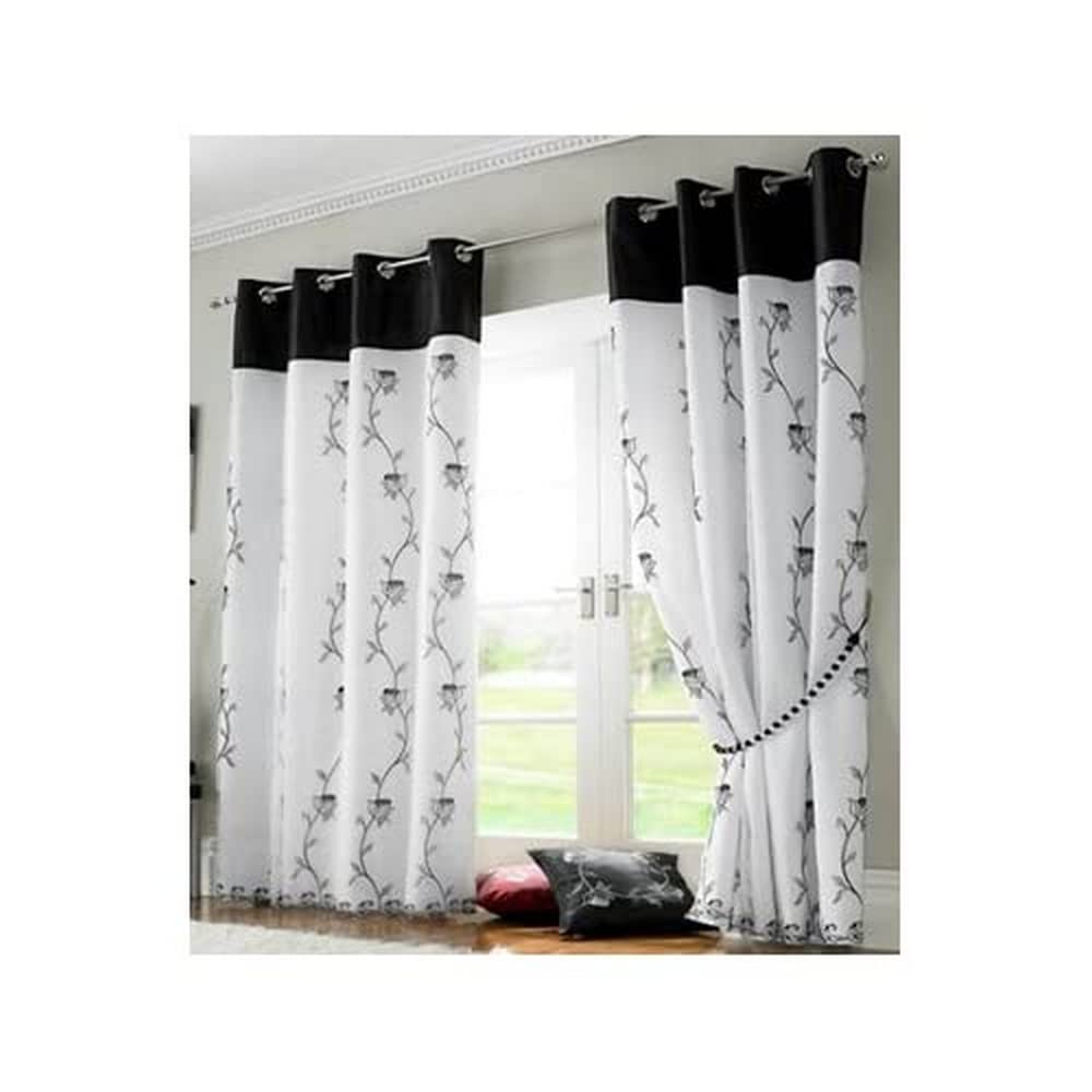 Tahiti Embroidered Lined Voile Eyelet Curtains, Black, 56 x 90-Inch