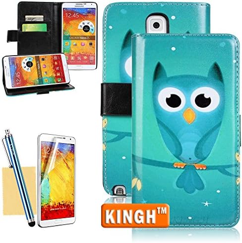 Note 3 Case, Samsung Galaxy Note 3 Case, KINGH PU Leather Wallet Case [The Owl] For Samsung Galaxy Note 3, With Stylus, Screen Protector and Cleaning Cloth-[Light Blue]