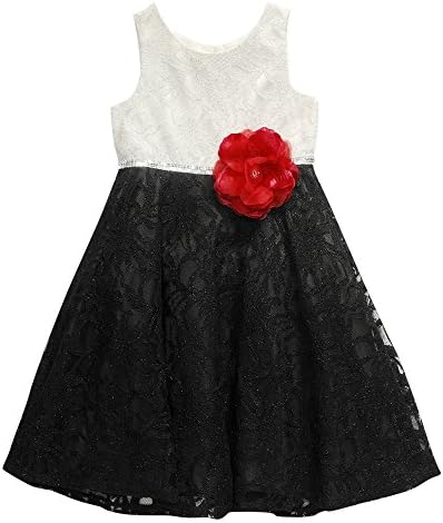 Bloome Big Girls' Lace Occasion Dress with Rhinestone Waist and Floral Trim, White/Black, 14