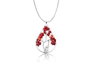 Zuo Bao Handmade Wire Wrapped Quartz Chips Tree Teardrop Pendant Necklace with Giraffe/Healing Jewelry Gift for Family (Garnet with Giraffe)