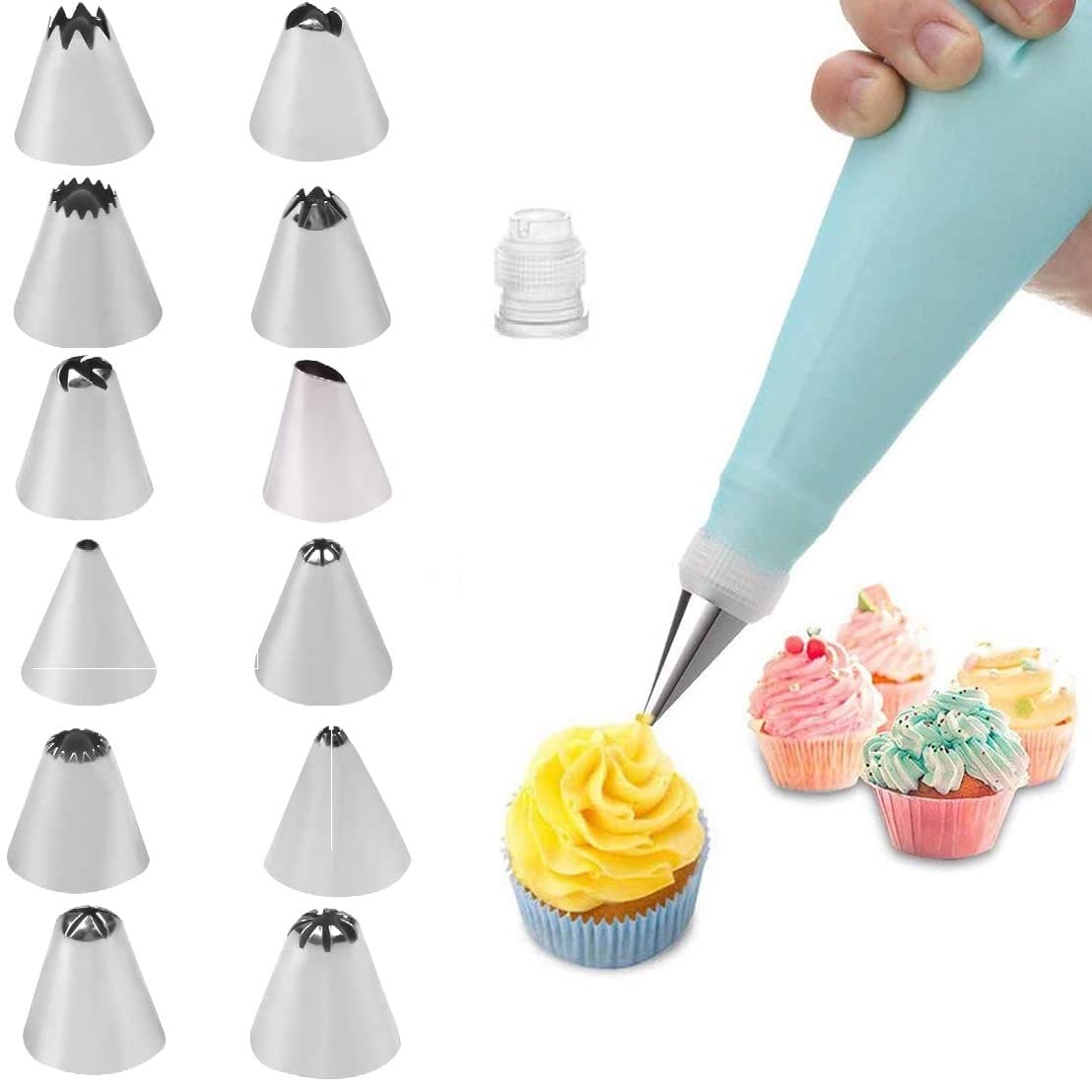 Piping Bags and Nozzles Cake Decorating Set with Silicone Bag, Tips, Coupler | Reusable Pastry Bags and Nozzle for Cake, Pastries, Cupcake, Baking (Pack of 14)