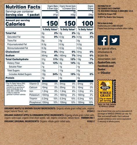 QUAKER INSTANT OATMEAL, USDA ORGANIC, NON-GMO PROJECT VERIFIED, 3 FLAVOR VARIETY PACK, INDIVIDUAL PACKETS, 32 COUNT (PACK OF 1)