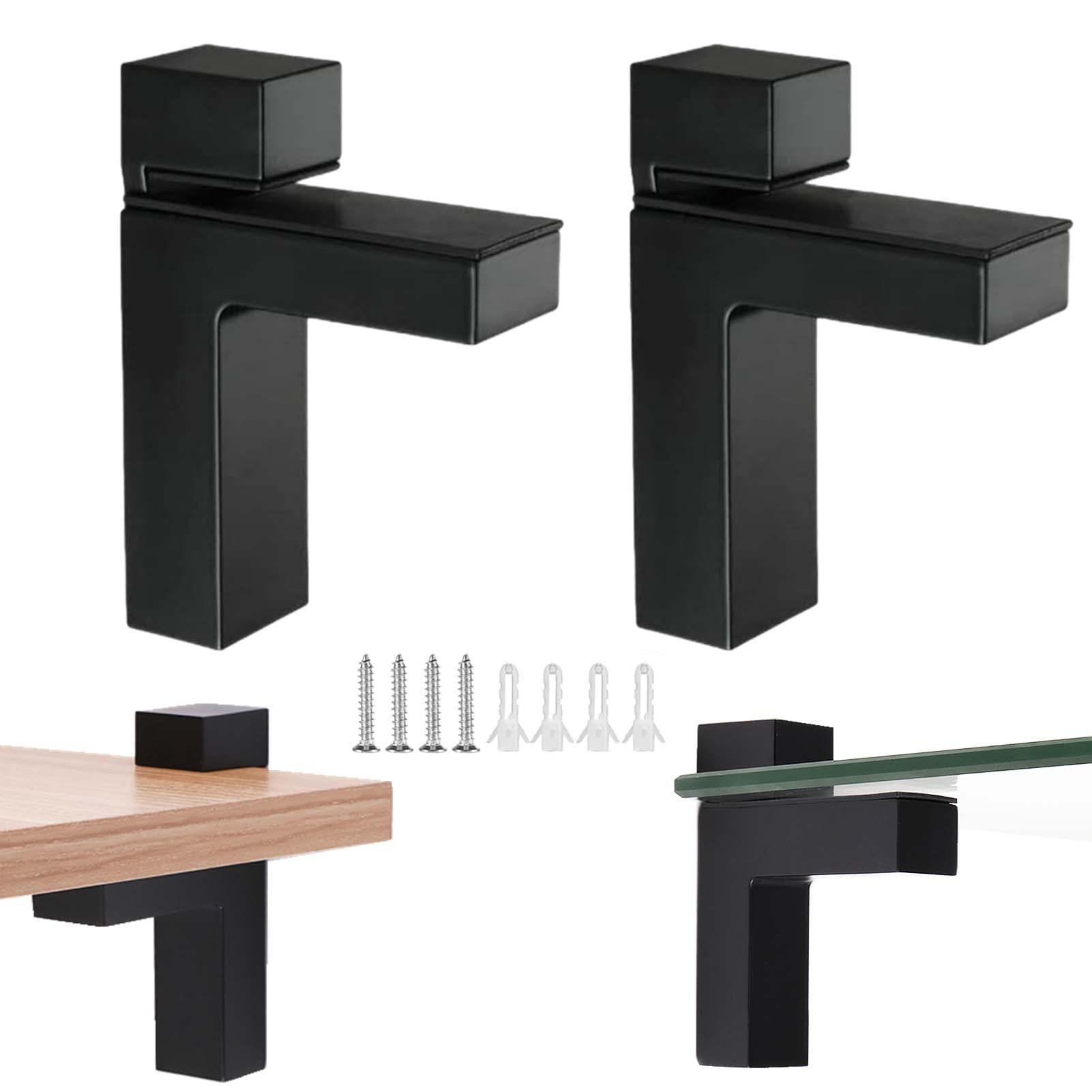 KMERCE 2 x Wall Glass Shelf Brackets, Adjustable Glass Clamp Wall Mounting, Floating Shelf Brackets, Shelf Brackets, for Glass and Wooden Shelves, 3-28 mm, Zinc Alloy, Black