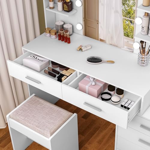 TEENFON 48” W Vanity Desk Set with Stool, Makeup Vanity with Mirror & Power Outlet, 6 Drawers, 6 Open Shelves, Vanity Table with 3 Light Color for Women, White