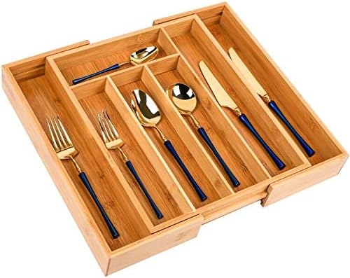 Silverware Utensil Tray Wooden Adjustable Cutlery Drawer 5 Compartments Organizer Storage Expandable Bamboo Flatware Organizer for Office Supplies,Cosmetics ,Utility Accessories