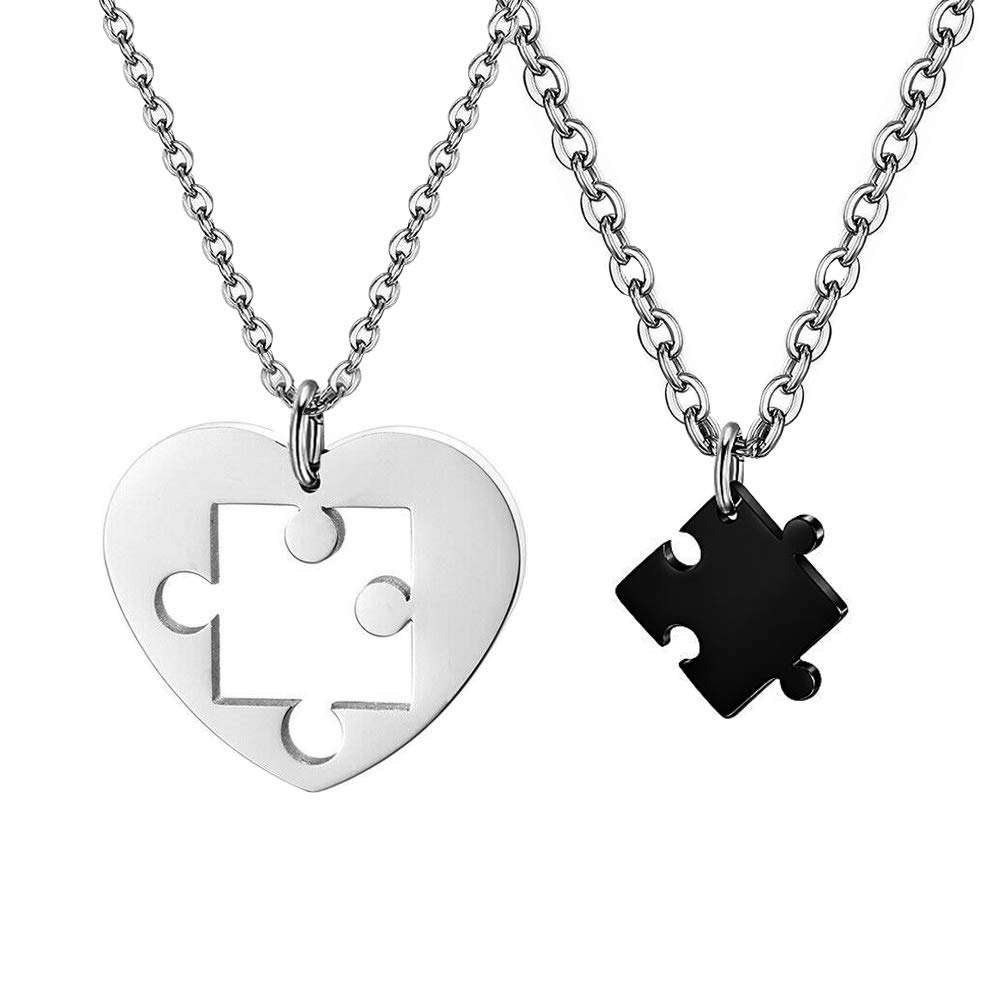 Fu You 2 Pieces Stainless Steel Couple Lovers Necklace for 2 Women Men Silver Black Pendant Couple in Love for 2, Separable Heart Necklace Puzzle Pendant, Best Friend Friendship Necklace for 2