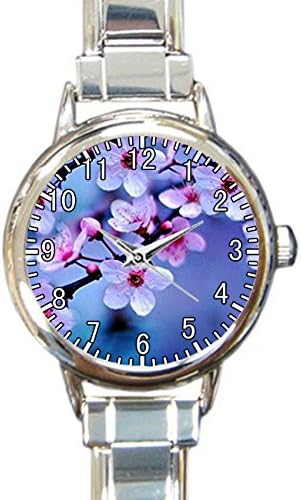 Pink Cherry Blossoms Custom Womens Round Charm bracelet Wrist Watch