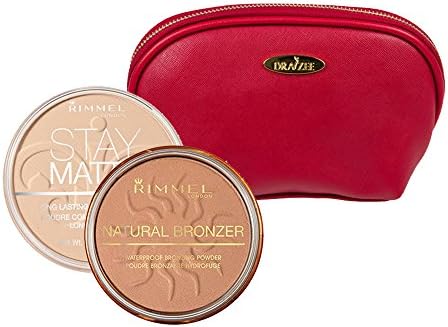 Two Piece Rimmel Kit with Natural Bronzer (Sunshine, 0.49 Ounce) and Stay Matte Pressed Powder (Creamy Natural, 0.49 Ounce) with Deep Red Draizee Leather Cosmetic Bag