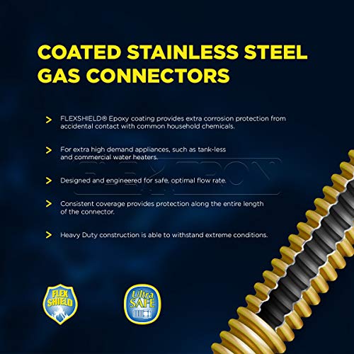 Flextron FTGC-YC12-48Q Flexible Epoxy Gas Line, Gas Pipe Connector With 5/8 in. Outer Diameter and 1/2 in. Inside Diameter; 3/4 in. FIP x 1/2 in MIP Fittings; Yellow/Stainless Steel Gas Hose 48 in. Long - Thumbnail 2