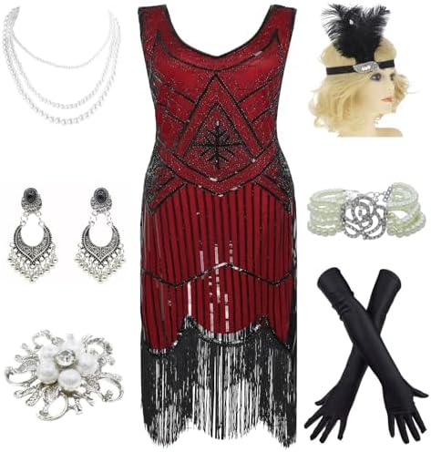 Amazon.com: 1920s Gatsby Sequin Fringed Paisley Flapper Dress with 20s  Accessories Set (XXXL, Black-Red) : Clothing, Shoes & Jewelry