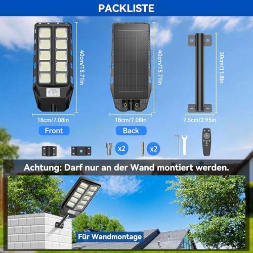 Adewalk Outdoor Solar LED Street Light with Remote Control, 330 LEDs, 7000mAh, Motion Sensor, IP66 Waterproof, 3 Modes, Solar Street Light for Garden, Garage and Road