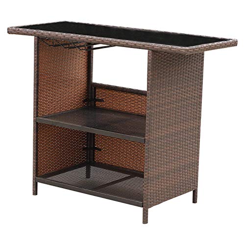 VALITA Patio PE Wicker Furniture Bar Counter Table with 2 Shelves Design