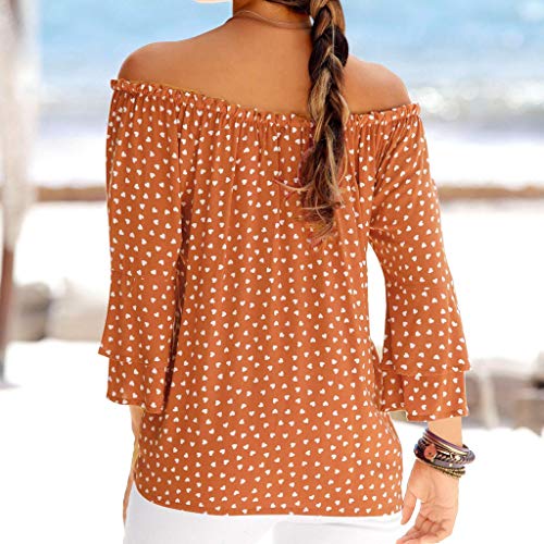 Mysky Fashion Summer Bohemian National Print Elastic Off Shoulder Sweet Flare Sleeve Tops T-Shirt Blouse Orange
