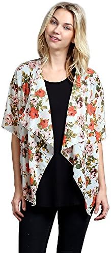 New Women's Chiffon Floral Print Open Front Draped Shawl Cardigan L, Ivory