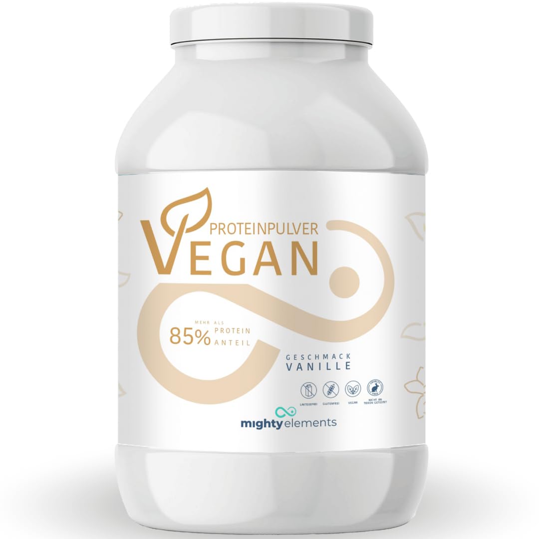 Mighty Elements VEGANES PROTEIN VANILLE 1kg - 85% pflanzliches Eiweiß, 5k-Proteinpulver Eiweißpulver ohne Gluten, Laktose & Milcheiweiß, Eiweißshake, Muskelaufbau