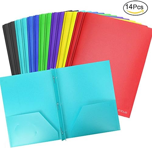 EOOUT 14pcs Two Pocket Poly File Portfolio Folder with 3 Prongs Fasteners, 7 Colors