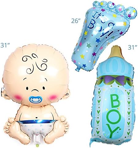 Baby Shower Party Decoration Set for Boy-32'' Baby Bottle Balloons, 26'' Baby Boy Balloons and 26'' Blue Footprint Balloons, 3 Pieces Aluminum Foil Balloons, Perfect Party Supplies