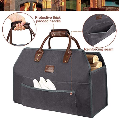 Sunflora Firewood Carrier Tote Bag with Extra Thick Padded Handle for Easy Carrying, Large Water Resistant Log Carrier with Front Pocket for Accessories for Camping, Fireplace Wood Stove (Dark Gray)