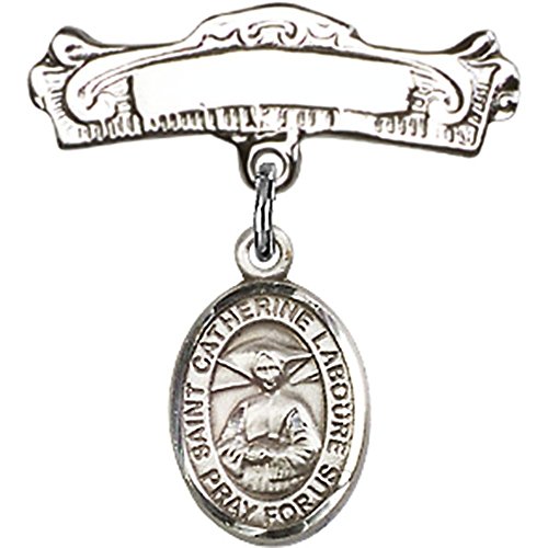 Sterling Silver Baby Badge with St. Catherine Laboure Charm and Arched Polished Badge Pin 7/8 X 7/8 inches