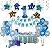 1st Birthday Boy Decorations kit- Complete One Year Party Decoration- First Birthday boy Giant Number One Balloon- Blue Happy Birthday Banner- Latex and Star Foil Balloons- Hanging Swirls-